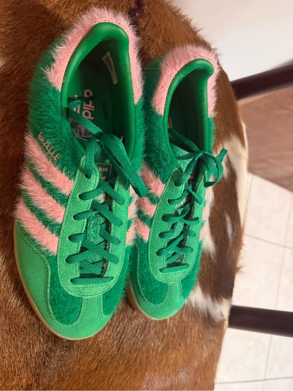 adidas Women’s Green with Pink Fuzzy Stripe Sneakers